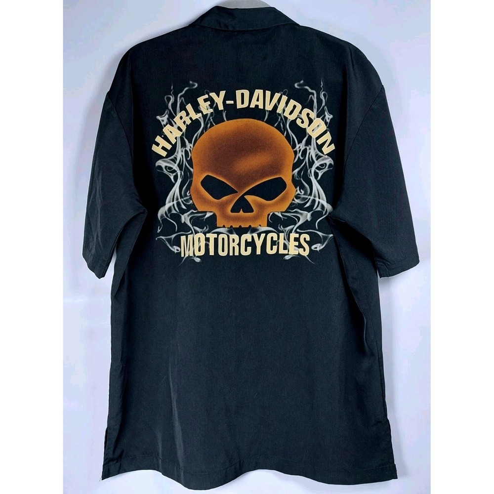 Harley Davidson Motorcycles Skull Camp Shirt Mens Medium Black Logo *READ
